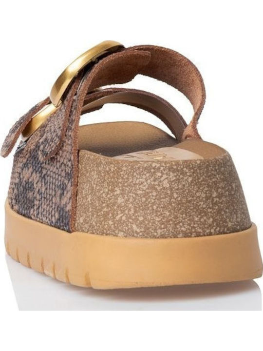Leather Women's Flat Sandals in Tabac Brown Color