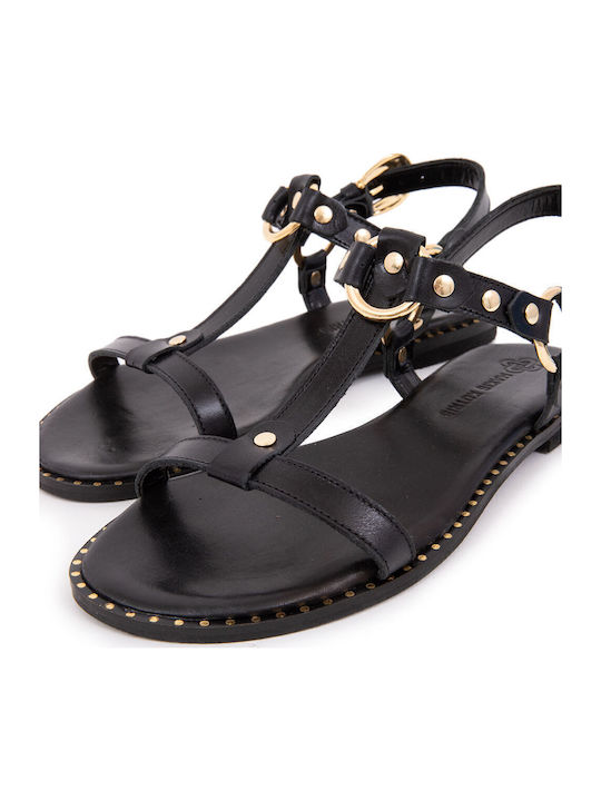 Leather Women's Flat Sandals in Black Color