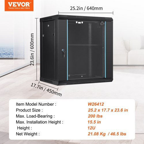 Vevor Επιτοίχια Καμπίνα Rack 12U Μαύρο WLJJGHB12U155L3S8V0