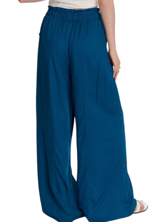 Women's Fabric Trousers Loose Fit Petrol Blue