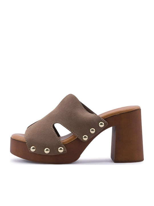 Leather Mules with Chunky High Heel in Brown Color