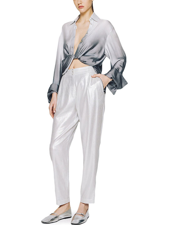 Langärmelig Damen Satin,σατεν Hemd Grey