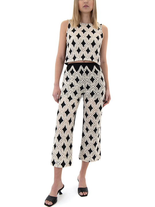 Women's High Rise Fabric Capri Trousers in Ecru-Black 53-5082-559-Black