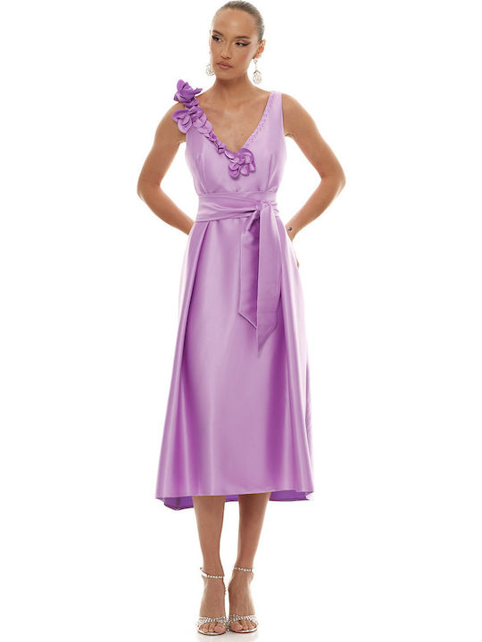 Summer Midi Dress for Wedding / Baptism Satin Lilac