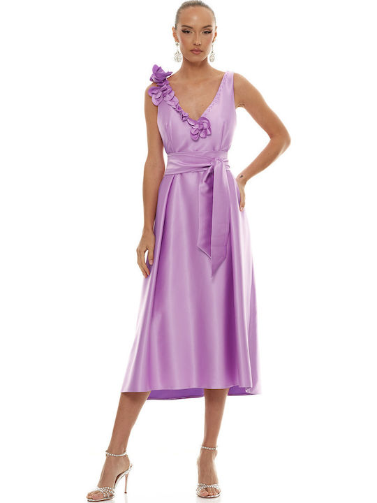 Summer Midi Dress for Wedding / Baptism Satin Lilac