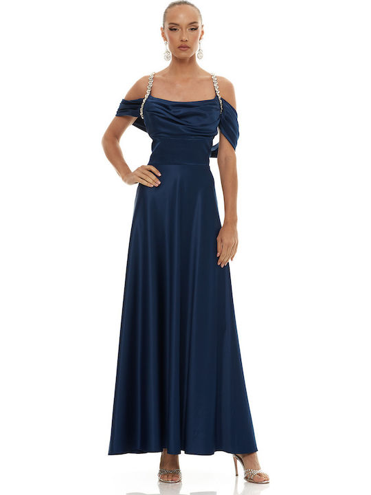 Summer Maxi Dress for Wedding - Christening Drape Satin Blue
