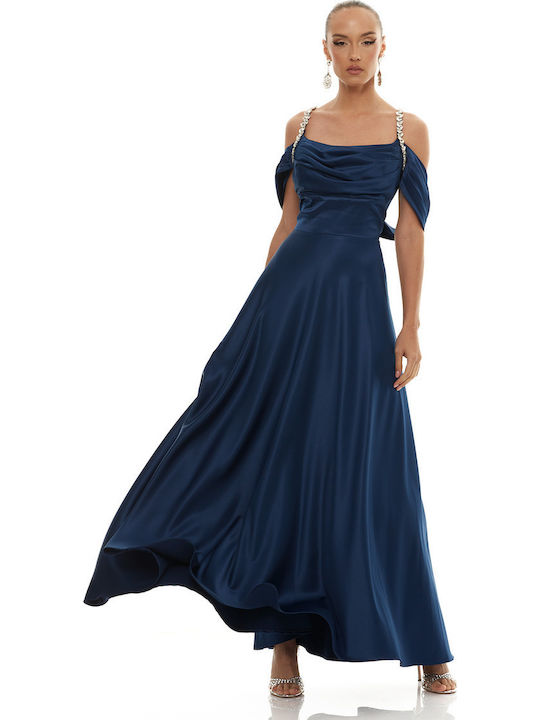 Summer Maxi Dress for Wedding - Christening Drape Satin Blue