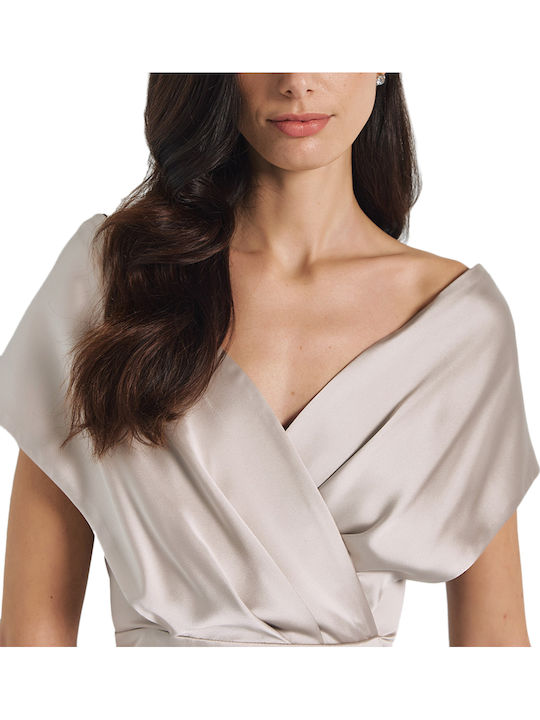 Midi Evening Dress Satin Open Back Silver