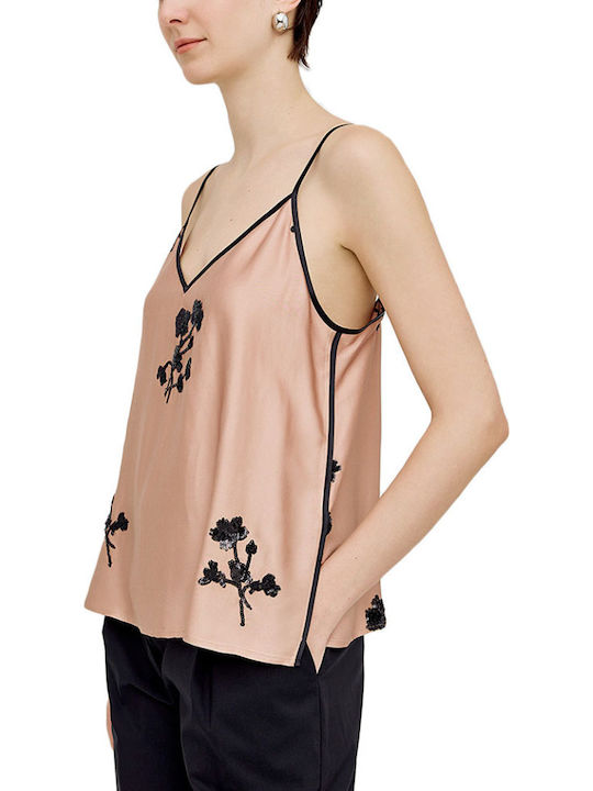 Women's Blouse Satin with Straps & V Neckline Black-beige
