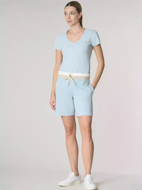 Women's Blouse Short Sleeve with V Neckline Light Blue