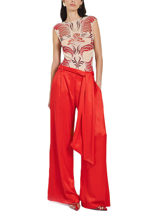 Access Fashion Printed Mesh Sleeveless Bodysuit Women Access Fashion Εκρου Καφε Κοκκινο 53-2207-0023-red