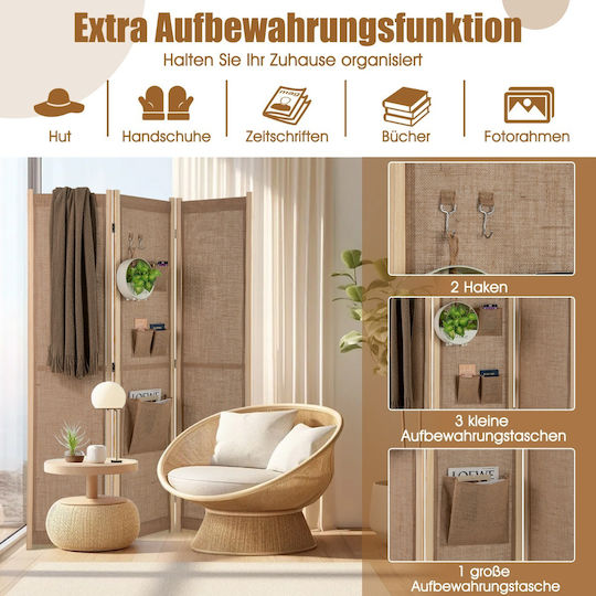 Costway Folding Room Divider with Storage Pockets and Hooks 170 X 121 Cm High-Quality Faux Linen Sturdy Wooden Frame Jv11821na