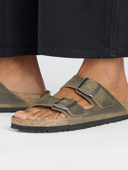 Arizona Δερμάτινα Γυναικεία Σανδάλια Χακί Narrow Fit