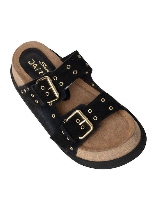 Leather Women's Flat Sandals in Black Color