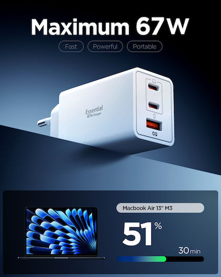 Spigen Φορτιστής Χωρίς Καλώδιο GaN με Θύρα USB-A και 2 Θύρες USB-C 67W Power Delivery / Quick Charge 3.0 Λευκός (Essential)