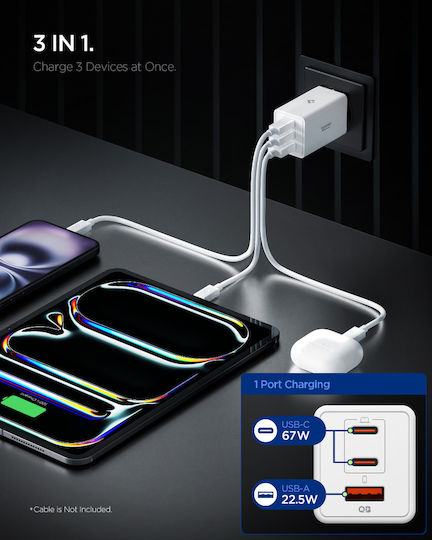 Spigen Φορτιστής Χωρίς Καλώδιο GaN με Θύρα USB-A και 2 Θύρες USB-C 67W Power Delivery / Quick Charge 3.0 Λευκός (Essential)