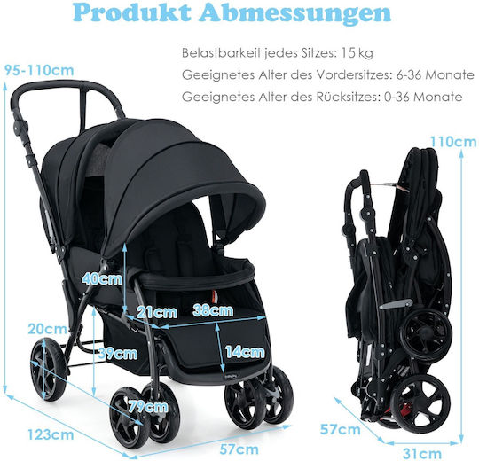 Costway Adjustable Double Stroller Suitable from 6+ Months Black 14kg
