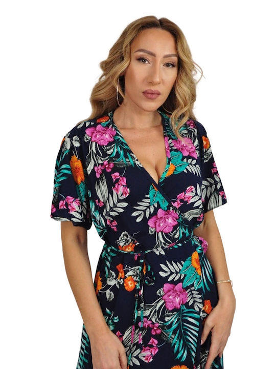 Summer Midi Dress Wrap with Ruffles Blue
