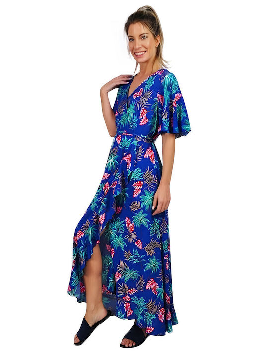 Summer Maxi Dress Wrap with Ruffle Blue