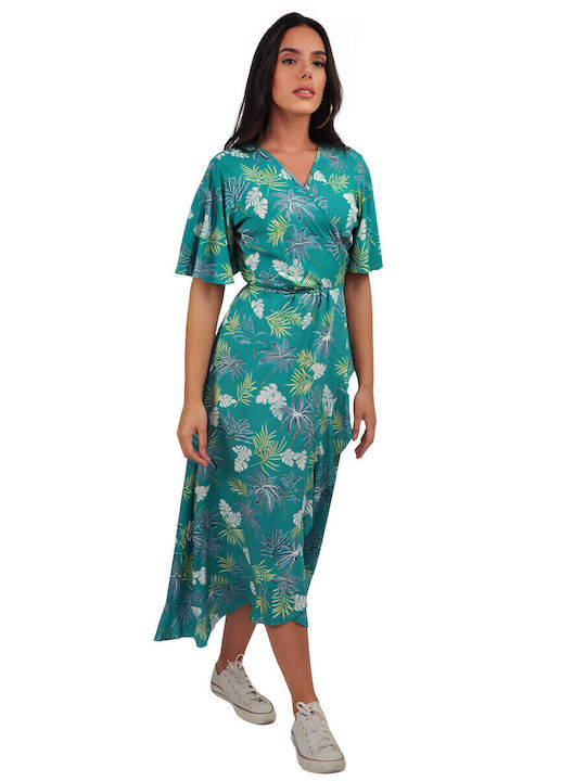 Summer Midi Dress Wrap with Ruffles Tropical Print