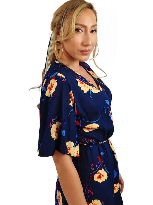Summer Midi Dress Wrap with Ruffles Blue