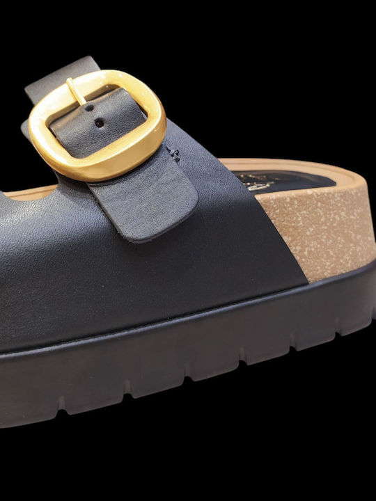 Leather Women's Flat Sandals Flatforms in Black Color