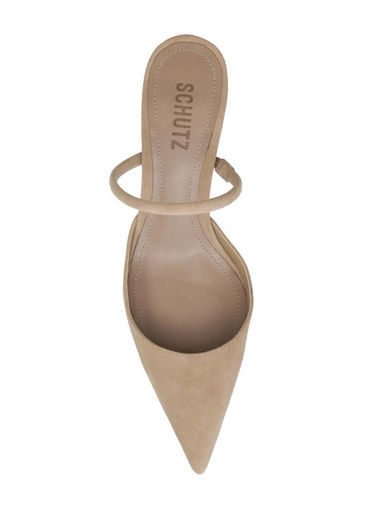 Suede Mules με Τακούνι σε Μπεζ Χρώμα