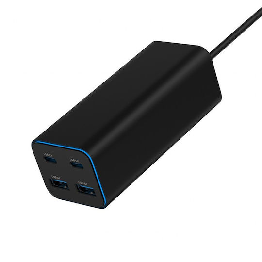Gembird GaN с 2 USB-A порта и 2 USB-C порта 100W Power Delivery / Quick Charge 3.0 Черен (TA-UC-2A2C-PD100-01-BK)
