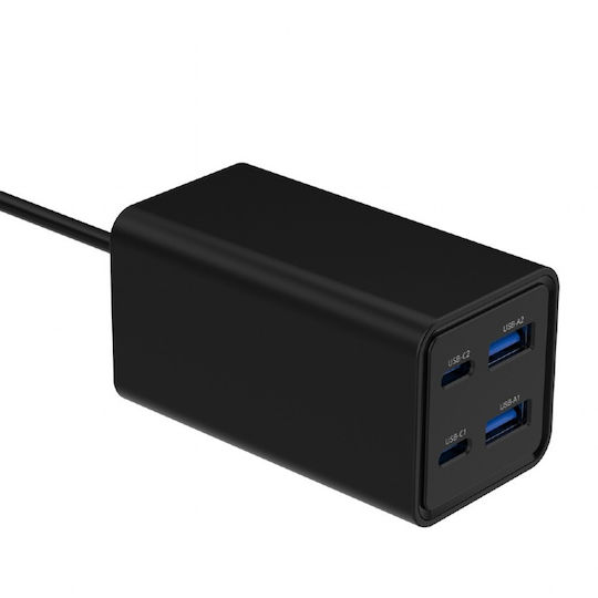 Gembird GaN с 2 USB-A порта и 2 USB-C порта 65W Power Delivery / Quick Charge 3.0 Черен (TA-UC-2A2C-PD65-01-BK)