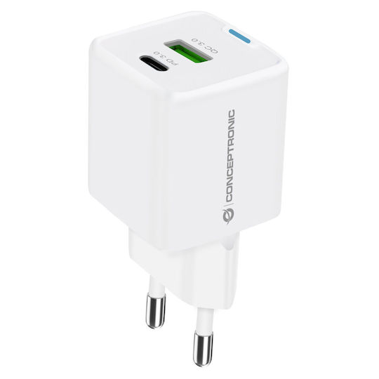 Conceptronic Charger with USB-A Port and USB-C Port 33W Power Delivery / Quick Charge 2.0 Whites (ALTHEA16W)