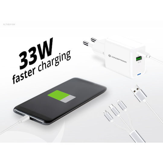 Conceptronic Charger with USB-A Port and USB-C Port 33W Power Delivery / Quick Charge 2.0 Whites (ALTHEA16W)