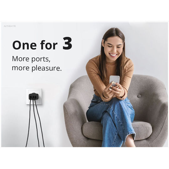 Conceptronic Φορτιστής με Θύρα USB-A και 2 Θύρες USB-C και Καλώδιο USB-C - USB-C 67W Power Delivery Μαύρος (ALTHEA17B)