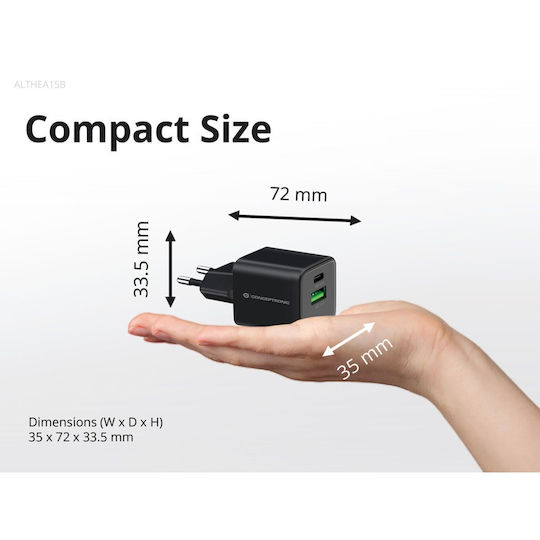Conceptronic Încărcător Fără Cablu cu Port USB-A și Port USB-C 20W Livrarea energiei / Quick Charge 3.0 / Quick Charge 2.0 Negruς (ALTHEA15B)