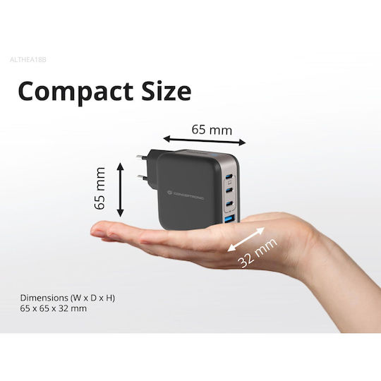 Conceptronic Φορτιστής GaN με Θύρα USB-A και 3 Θύρες USB-C και Καλώδιο USB-C - USB-C 100W Power Delivery / Quick Charge 3.0 Μαύρος (ALTHEA18B)