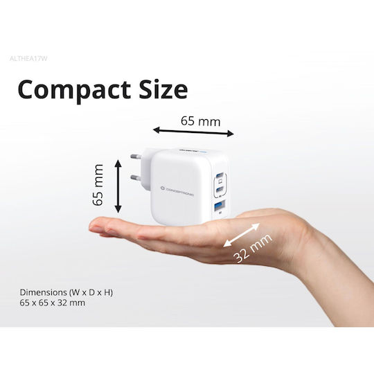 Conceptronic Φορτιστής GaN με Θύρα USB-A και 2 Θύρες USB-C και Καλώδιο USB-C - USB-C 67W Power Delivery Λευκός (ALTHEA17W)