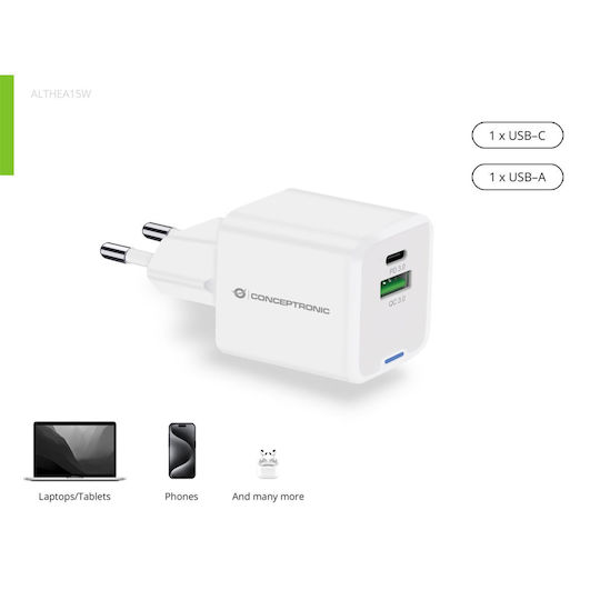 Conceptronic Charger Without Cable with USB-A Port and USB-C Port 20W Power Delivery / Quick Charge 3.0 Whites (ALTHEA15W)