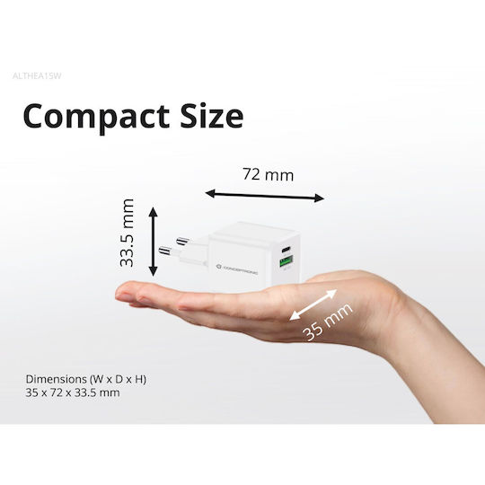 Conceptronic Charger Without Cable with USB-A Port and USB-C Port 20W Power Delivery / Quick Charge 3.0 Whites (ALTHEA15W)