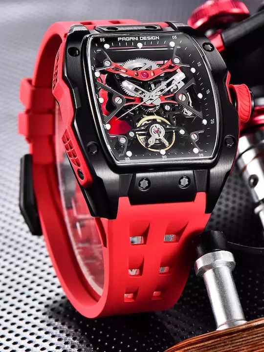 Pagani Design Ανδρικό Ρολόι 42mm Χρονογράφος Αυτόματο με Κόκκινο Καουτσούκ Λουράκι