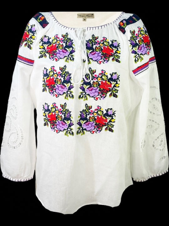Bluze Damă Bumbac Mânecă Lungă Floral Alb Mov