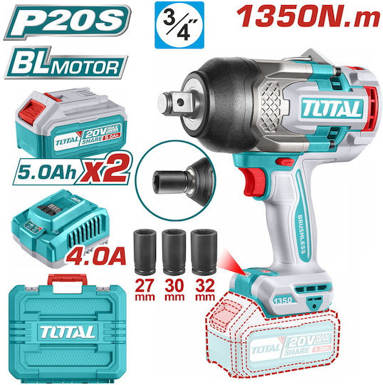Total Brushless Impact Wrench Battery 20V 2x5Ah with Socket 3/4"
