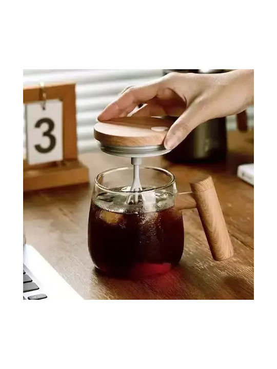 Waterproof Glass Self-Stirring Mug Wooden Lid Handle 400ml Home Theory