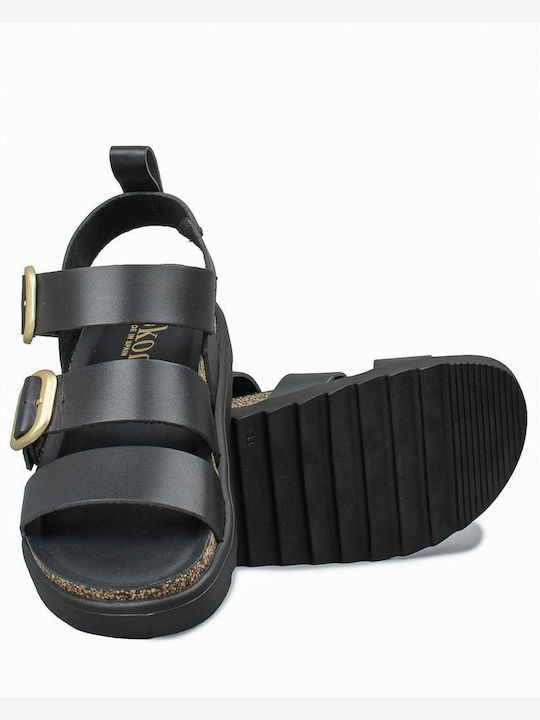 Leather Women's Flat Sandals in Black Color