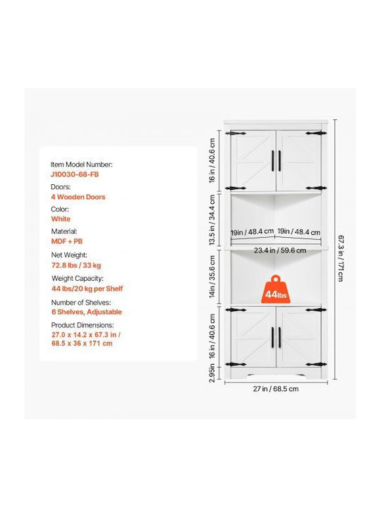 Corner Wardrobe White 68.5x36x171cm