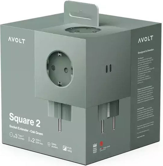 Square Захранваща лента 2 Позиции с 2 USB-A и USB-C Зелен
