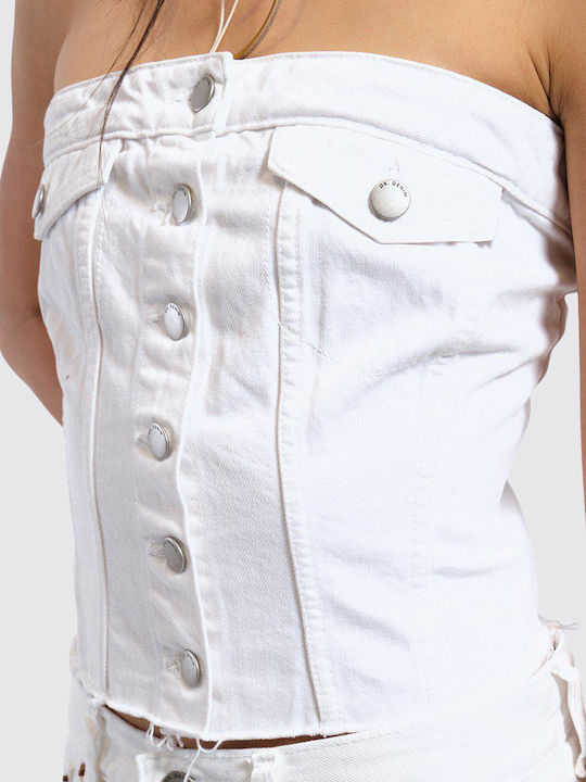 Damen Bluse Baumwolle Trägerlos Weiß
