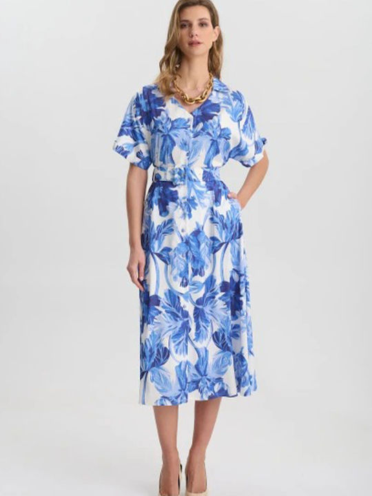 Summer Midi Dress for Wedding - Christening Satin Blue 05-9056-Roua