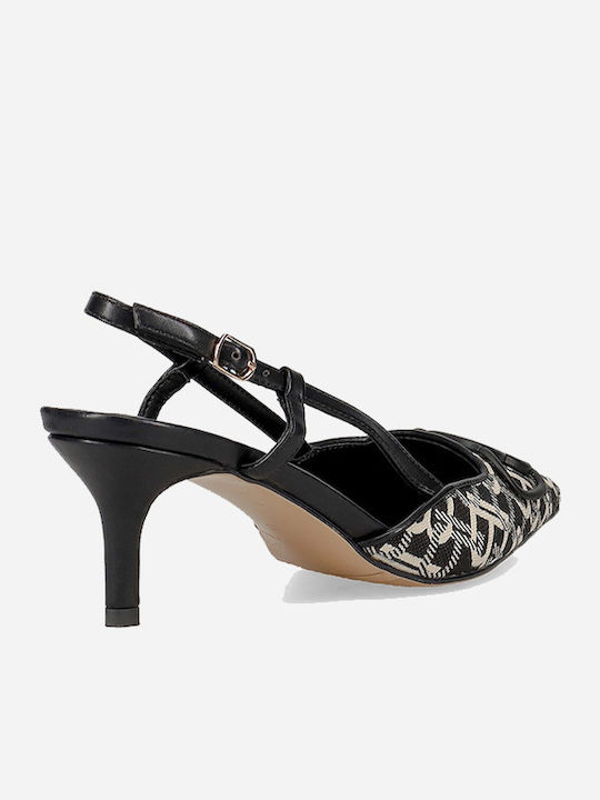 Synthetic Leather Pointed Toe Black Heels with Strap