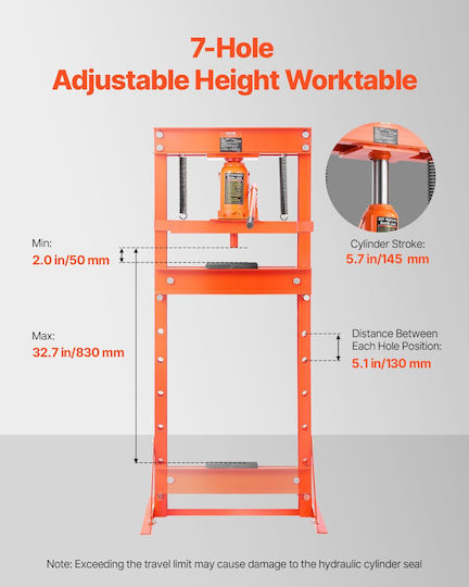 20 Ton Hydraulic Press Adjustable Height Range 50-830 Mm Dimensions 682 × 595 × 1496 Mm 8-12 Bar