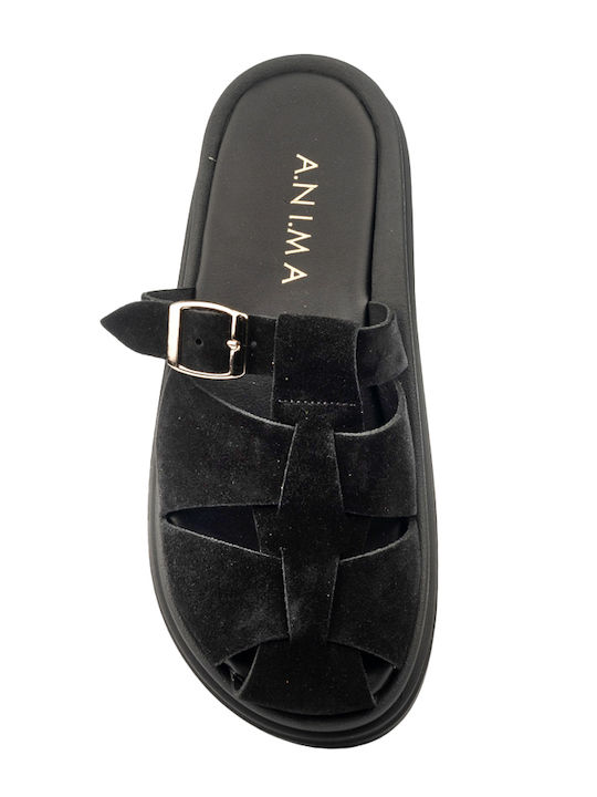 Suede Mules με Τακούνι σε Μαύρο Χρώμα