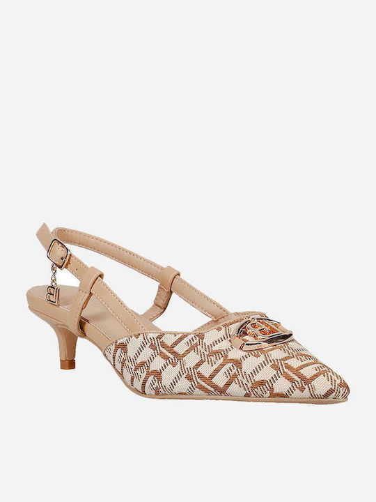 Synthetic Leather Pointed Toe Beige Heels with Strap